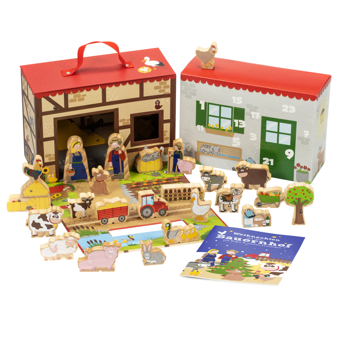 yoamo Bauernhof Adventskalender für Kinder mit 24 Holzfiguren, hochwertigem Spielkoffer und weihnachtlicher Tier-Geschichte, mehrfarbig, 27-teilig (1 Set)