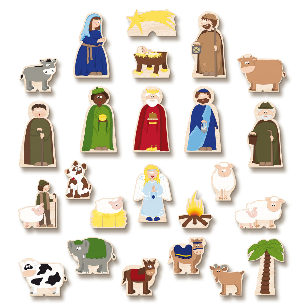 yoamo Spielkrippe Adventskalender für Kinder mit 24 Holzfiguren, hochwertigem Spielkoffer und Weihnachts-Geschichte, 27-teilig (1 Set)