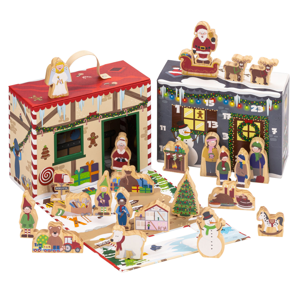 yoamo Wichtelwerkstatt Adventskalender mit Spielkoffer für Kinder mit Holzfiguren in hochwertigem Aufbewahrungs-Koffer, 27-teilig (1 Set)