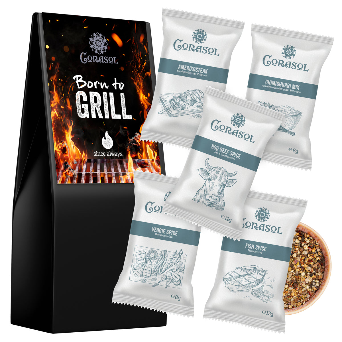 Corasol Feinkost-Geschenkset BBQ-Mix - Born to Grill mit 5 verschiedenen Grillgewürzen, 5-teilig (1 Set)